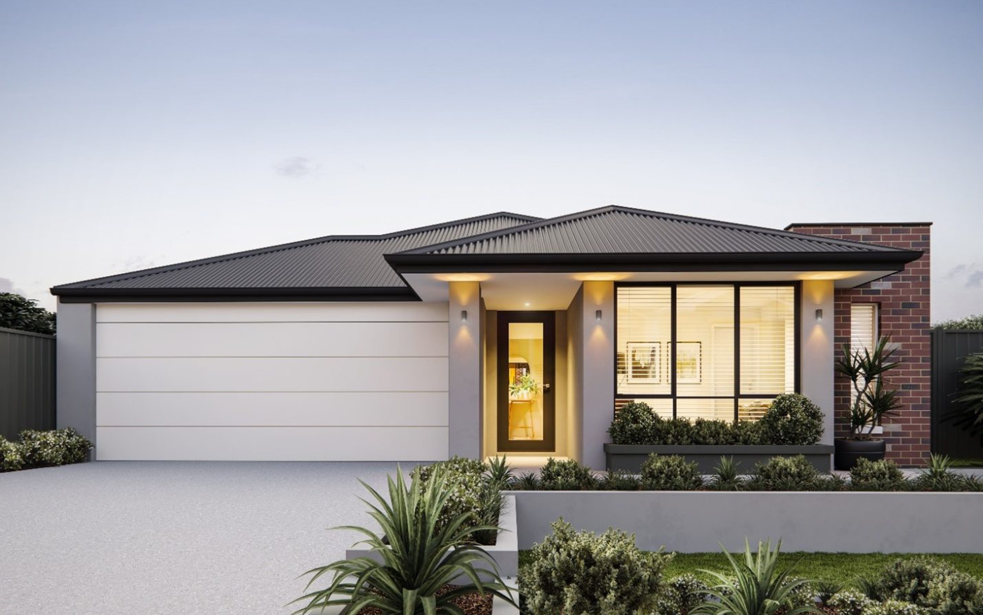 Modern home in Catena Estate, Anketell, featuring a sleek black roof, double garage, warm-lit interiors, landscaped garden, and contemporary façade