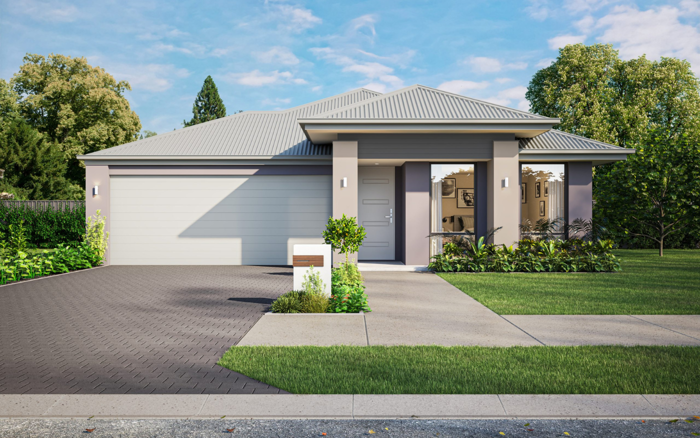 Modern home in Catena Estate, Anketell, with a grey roof, double garage, landscaped yard, and large windows showcasing a stylish interior