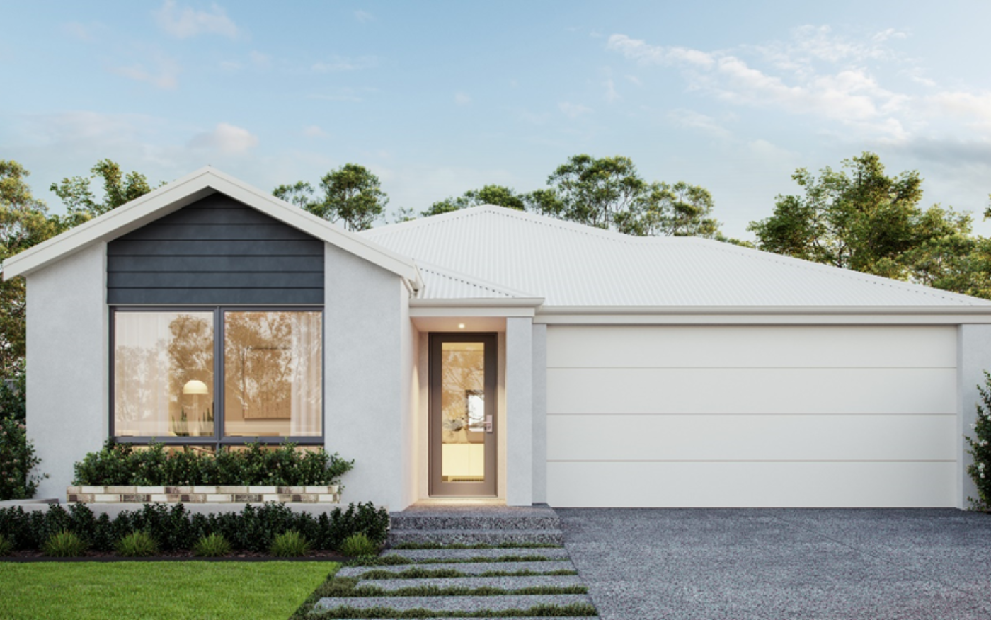 Modern single-story home in Anketell with a sleek white facade, dark feature panel, landscaped front yard, and inviting entrance – Catena Estate