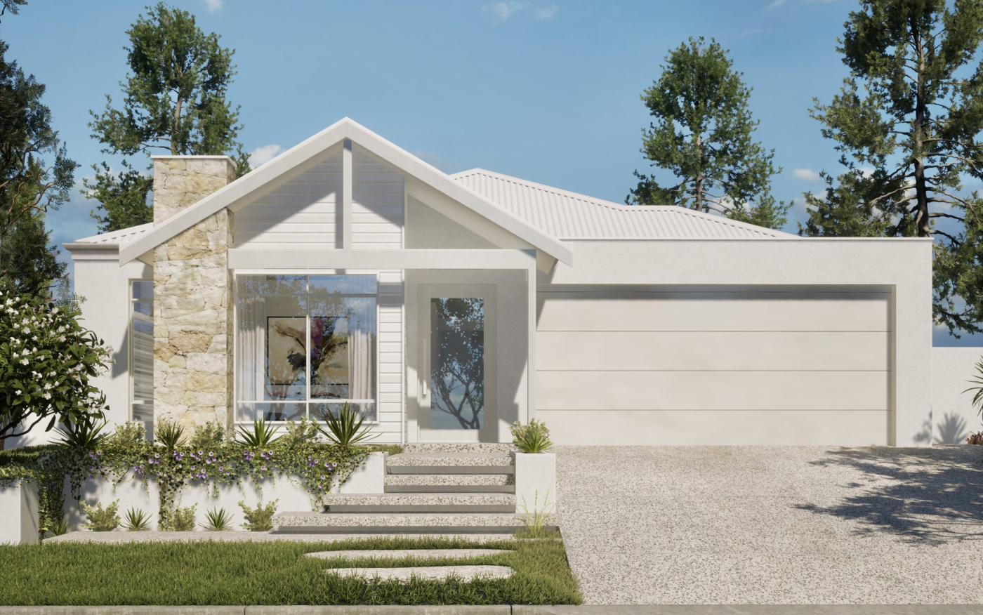 Stunning modern home in Catena Estate, Anketell, featuring a white facade, stone accents, lush landscaping, and a stylish entrance for luxury living