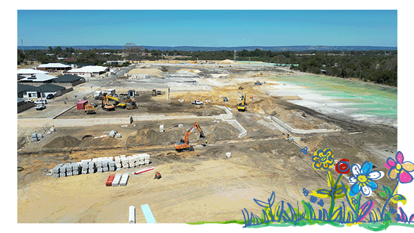 Catena Estate residential development site in Anketell under construction, featuring excavators, building materials, and land preparation with a scenic backdrop